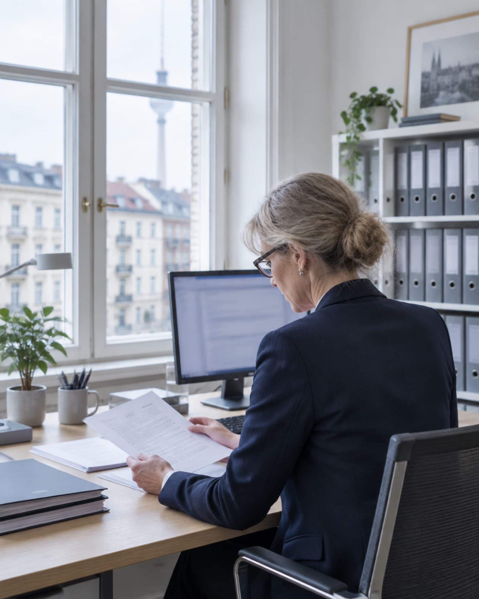 Eine Steuerberaterin liest an ihrem Schreibtisch in einem hellen Berliner Altbaubüro ein Schreiben.